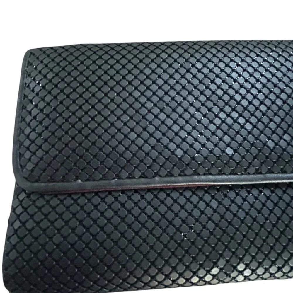 Whiting & Davis Vintage Black Mesh Fold Over Clutch Bag Purse Handbag